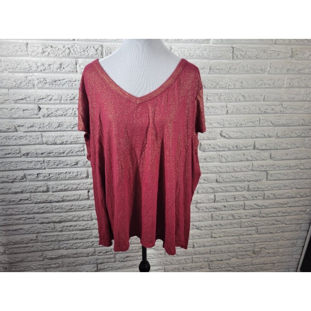 Lane Bryant Top 26/28 Plus Red Metallic Linen Cap Sleeve V-Neck Tee RED5E